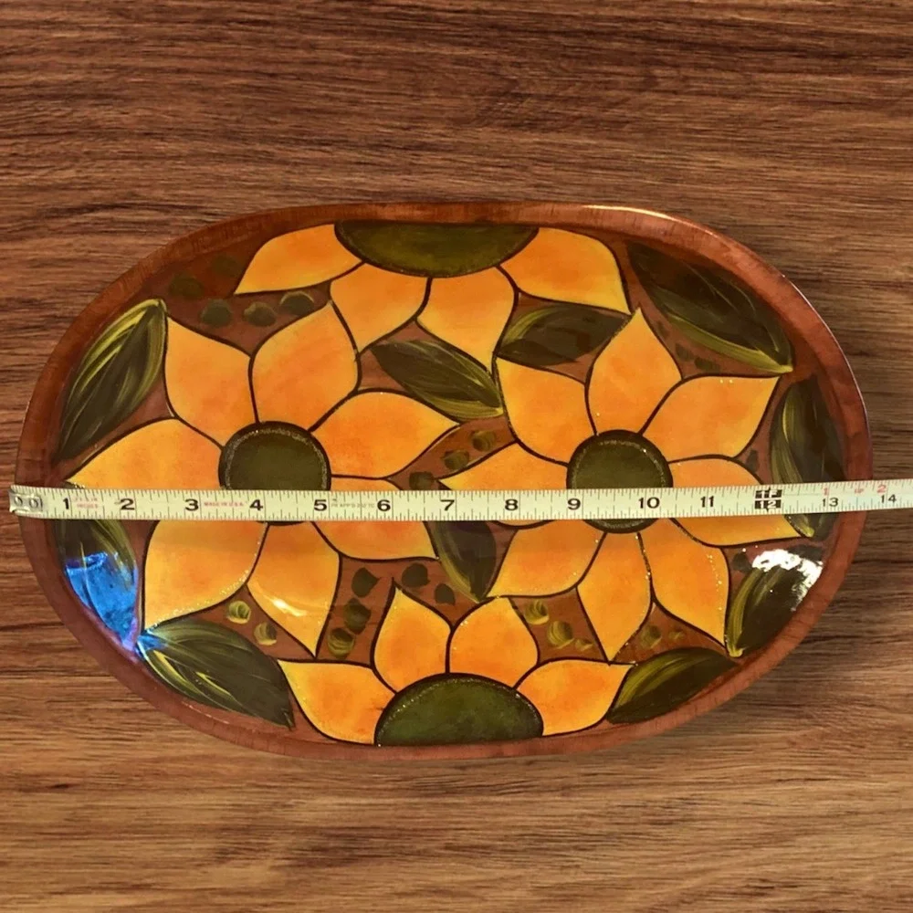 Hand Painted Sunflower Ceramic Oval Serving‎ Platter Orange Yellow Floral 13.5